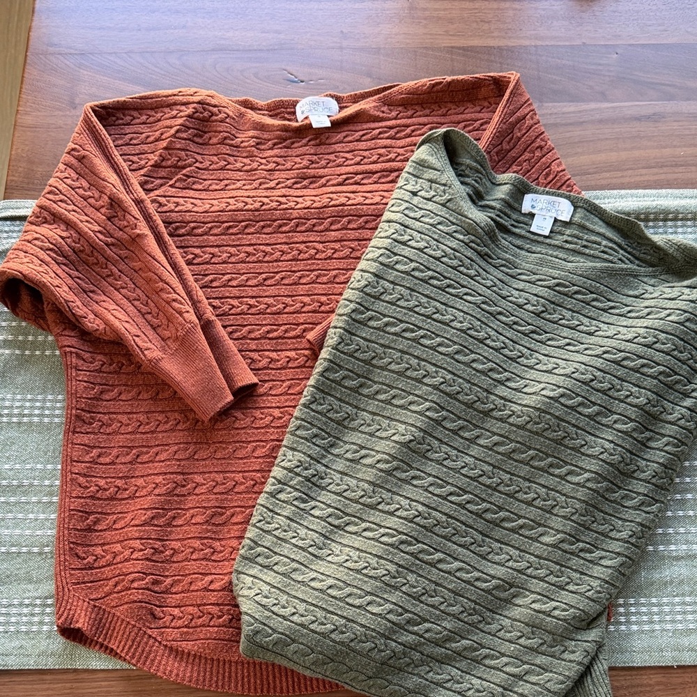 Market & Spruce Off-Shoulder Cable Knit Sweaters — Rust Orange & Olive